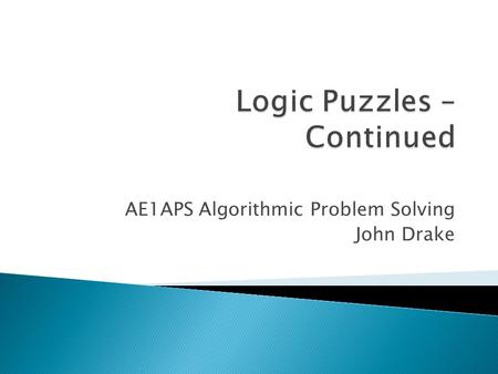 AE1APS Algorithmic Problem Solving John Drake.  Invariants – Chapter 2  River Crossing – Chapter 3  Logic Puzzles – Chapter 5 (13) ◦ Knights and Knaves.
