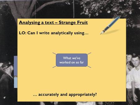 Analysing a text – Strange Fruit LO: Can I write analytically using… … accurately and appropriately? What we’ve worked on so far.