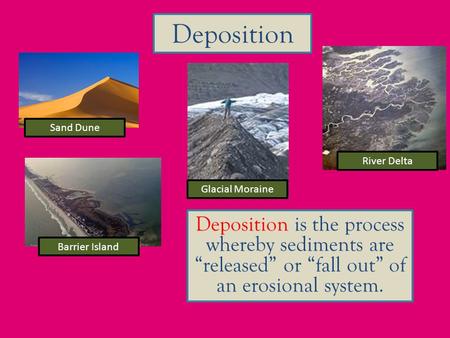 Deposition Deposition is the process whereby sediments are “released” or “fall out” of an erosional system. River Delta Glacial Moraine Sand Dune Barrier.