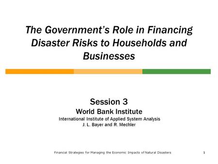 Financial Strategies for Managing the Economic Impacts of Natural Disasters1 11 The Government’s Role in Financing Disaster Risks to Households and Businesses.