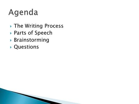 Agenda The Writing Process Parts of Speech Brainstorming Questions.