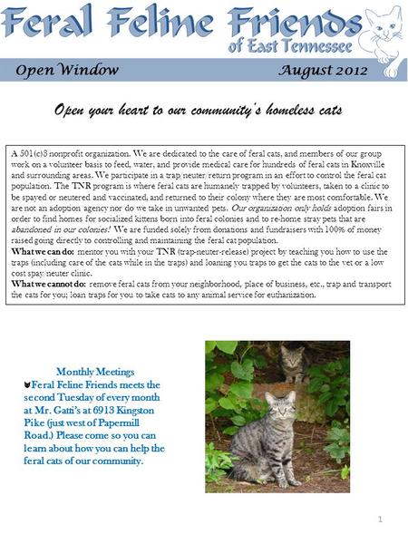 A 501(c)3 nonprofit organization. We are dedicated to the care of feral cats, and members of our group work on a volunteer basis to feed, water, and provide.