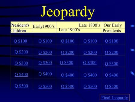 Jeopardy President's Children Early1900’s Late 1900’s Late 1800’s Our Early Presidents Q $100 Q $200 Q $300 Q $400 Q $500 Q $100 Q $200 Q $300 Q $400.