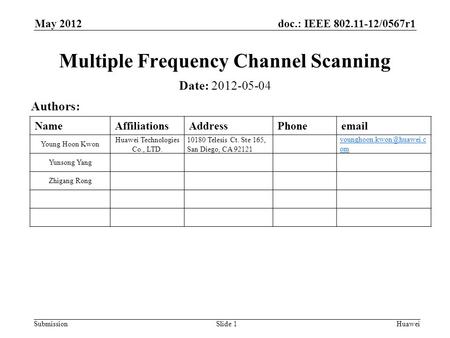 Doc.: IEEE 802.11-12/0567r1 Submission May 2012 Huawei Slide 1 Multiple Frequency Channel Scanning Date: 2012-05-04 Authors: NameAffiliationsAddressPhoneemail.