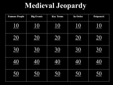 Medieval Jeopardy Famous PeopleBig EventsKey TermsIn OrderPotpourri 10 20 30 40 50.