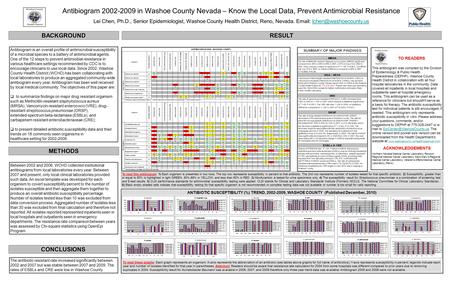 Antibiogram 2002-2009 in Washoe County Nevada – Know the Local Data, Prevent Antimicrobial Resistance Lei Chen, Ph.D., Senior Epidemiologist, Washoe County.