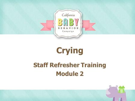 Crying Staff Refresher Training Module 2. Agenda Video Clips of Cute Babies Video Clips of Dr. Jane Talking to Moms Role Playing Practice Take Home Activity.