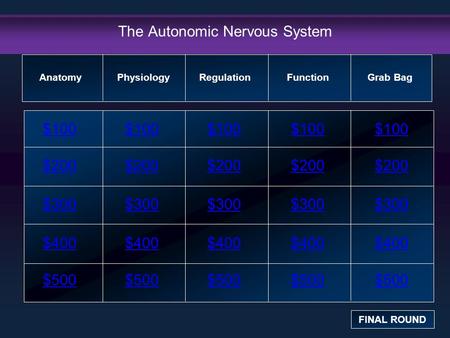 The Autonomic Nervous System $100 $200 $300 $400 $500 $100$100$100 $200 $300 $400 $500 Anatomy FINAL ROUND PhysiologyRegulation Function Grab Bag.
