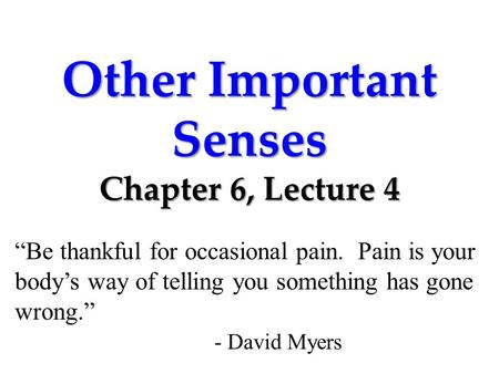 Other Important Senses Chapter 6, Lecture 4 “Be thankful for occasional pain. Pain is your body’s way of telling you something has gone wrong.” - David.