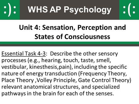 WHS AP Psychology Unit 4: Sensation, Perception and States of Consciousness Essential Task 4-3: Describe the other sensory processes (e.g., hearing, touch,