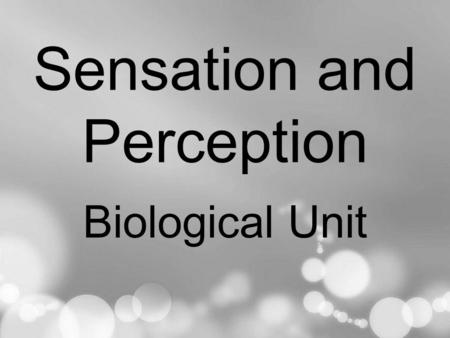Sensation and Perception Biological Unit. Sensation Definition = The process by which stimulation of a sensory receptor gives rise to neural impulses.