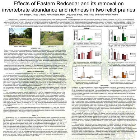 Effects of Eastern Redcedar and its removal on invertebrate abundance and richness in two relict prairies Erin Brogan, Jacob Gaster, Jenna Noble, Heidi.