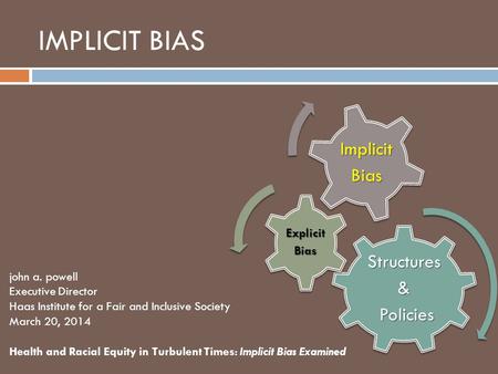 IMPLICIT BIASStructures& Policies Policies ExplicitBias ImplicitBias john a. powell Executive Director Haas Institute for a Fair and Inclusive Society.