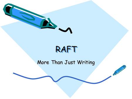 RAFTRAFT More Than Just Writing. RAFT Role of Writer Audience Format Topic + Strong Verb.