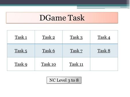 DGame Task Task 1Task 2Task 3Task 4 Task 5Task 6Task 7Task 8 Task 9Task 10Task 11 NC Level 3 to 8.