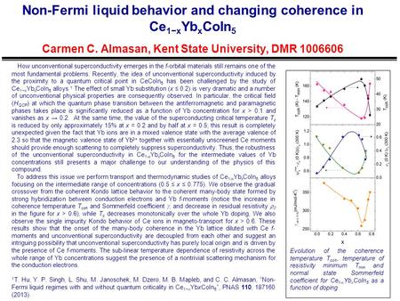 Non-Fermi liquid behavior and changing coherence in Ce 1−x Yb x CoIn 5 Carmen C. Almasan, Kent State University, DMR 1006606 Evolution of the coherence.