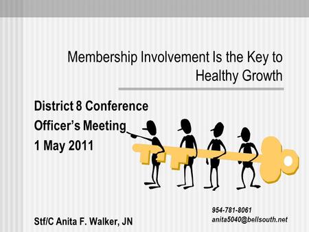 Membership Involvement Is the Key to Healthy Growth District 8 Conference Officer’s Meeting 1 May 2011 Stf/C Anita F. Walker, JN 954-781-8061