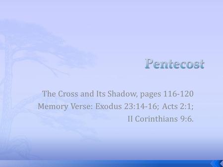 The Cross and Its Shadow, pages 116-120 Memory Verse: Exodus 23:14-16; Acts 2:1; II Corinthians 9:6.