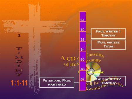 Free of charge 61 62 63 64 65 66 67 Paul writes 1 Timothy Paul writes Titus Paul writes 2 Timothy Peter and Paul martyred.