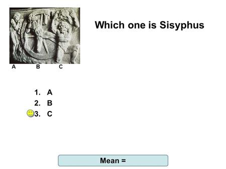 Which one is Sisyphus Mean = 1.A 2.B 3.C A B C. What kind of hero does Albert Camus call Sisyphus? Mean = 2.84 1.extraordinary 2.sacred 3.profane 4.absurd.