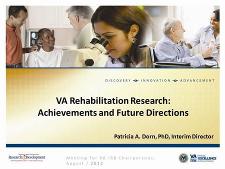VA Rehabilitation Research: Achievements and Future Directions Meeting for VA IRB Chairpersons: August / 2012 Patricia A. Dorn, PhD, Interim Director.