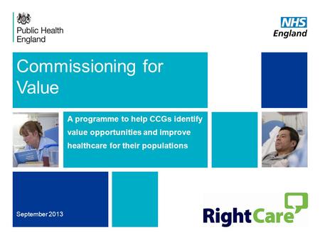 Commissioning for Value A programme to help CCGs identify value opportunities and improve healthcare for their populations September 2013.