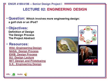 ENGR 4169/4196 – Senior Design Project I Question: Which involves more engineering design: a golf club or an iPod? Objectives: Definition of Design The.