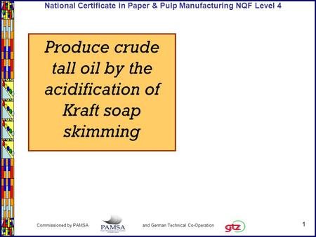 1 Commissioned by PAMSA and German Technical Co-Operation National Certificate in Paper & Pulp Manufacturing NQF Level 4 Produce crude tall oil by the.