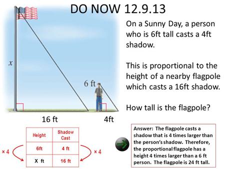 DO NOW 12.9.13 16 ft 4ft On a Sunny Day, a person who is 6ft tall casts a 4ft shadow. This is proportional to the height of a nearby flagpole which casts.