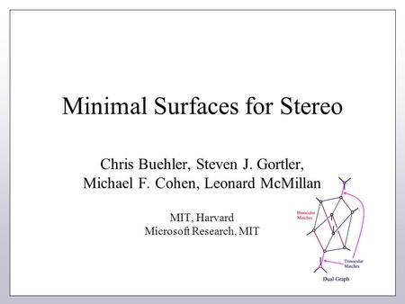 Minimal Surfaces for Stereo Chris Buehler, Steven J. Gortler, Michael F. Cohen, Leonard McMillan MIT, Harvard Microsoft Research, MIT.