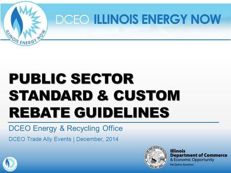 PUBLIC SECTOR STANDARD & CUSTOM REBATE GUIDELINES DCEO Energy & Recycling Office DCEO Trade Ally Events | December, 2014.