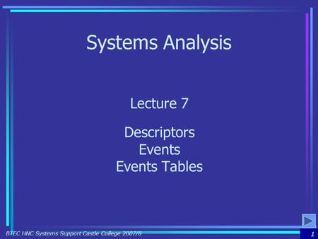 1 BTEC HNC Systems Support Castle College 2007/8 Systems Analysis Lecture 7 Descriptors Events Events Tables.