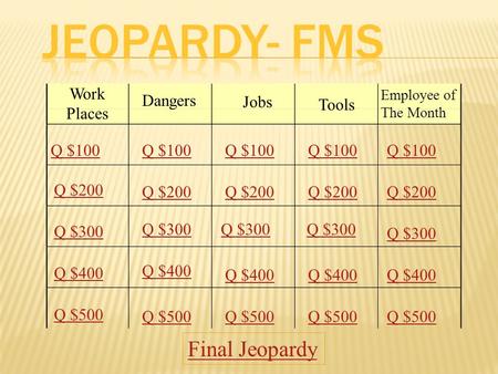 Work Places Dangers Jobs Tools Employee of The Month Q $100 Q $200 Q $300 Q $400 Q $500 Q $100 Q $200 Q $300 Q $400 Q $500 Final Jeopardy.