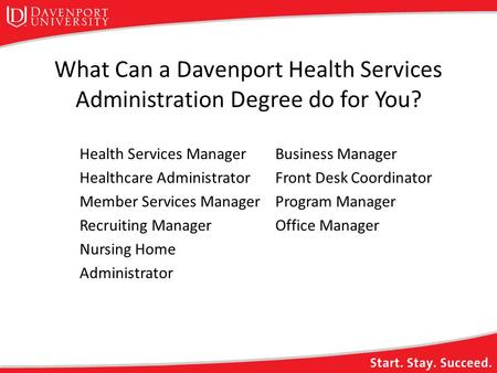 What Can a Davenport Health Services Administration Degree do for You? Health Services Manager Healthcare Administrator Member Services Manager Recruiting.