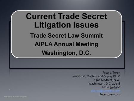 Current Trade Secret Litigation Issues Trade Secret Law Summit AIPLA Annual Meeting Washington, D.C. Peter J. Toren Weisbrod, Matteis, and Copley PLLC.