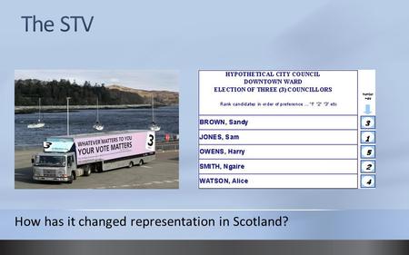How has it changed representation in Scotland?. Proportional results In the 2007 Scottish local council elections, STV delivered broadly proportional.