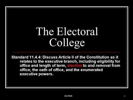 The Electoral College Standard 11.4.4: Discuss Article II of the Constitution as it relates to the executive branch, including eligibility for office and.