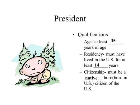 President Qualifications –Age- at least ______ years of age –Residency- must have lived in the U.S. for at least ______ years –Citizenship- must be a.