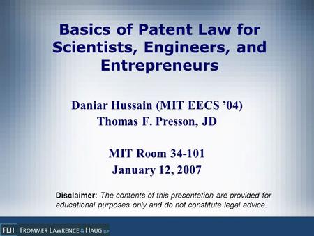 Basics of Patent Law for Scientists, Engineers, and Entrepreneurs