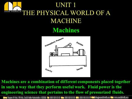 Machines UNIT 1 THE PHYSICAL WORLD OF A MACHINE Machines are a combination of different components placed together in such a way that they perform useful.