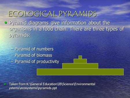 ECOLOGICAL PYRAMIDS Pyramid diagrams give information about the organisms in a food chain. There are three types of pyramids: Pyramid of numbers Pyramid.