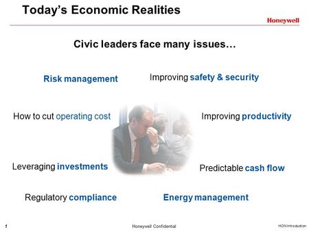 1 HON Introduction Honeywell Confidential Today’s Economic Realities Civic leaders face many issues… Improving productivity Improving safety & security.