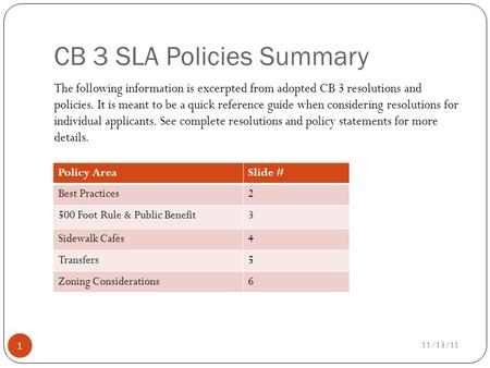 CB 3 SLA Policies Summary The following information is excerpted from adopted CB 3 resolutions and policies. It is meant to be a quick reference guide.