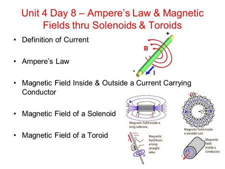 Unit 4 Day 8 – Ampere’s Law & Magnetic Fields thru Solenoids & Toroids Definition of Current Ampere’s Law Magnetic Field Inside & Outside a Current Carrying.