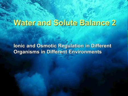 Water and Solute Balance 2 Ionic and Osmotic Regulation in Different Organisms in Different Environments.