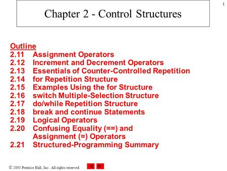  2003 Prentice Hall, Inc. All rights reserved. 1 Chapter 2 - Control Structures Outline 2.11 Assignment Operators 2.12 Increment and Decrement Operators.