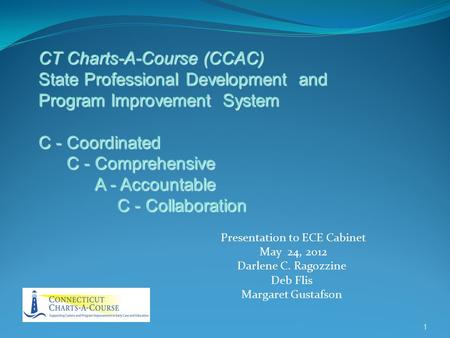 Presentation to ECE Cabinet May 24, 2012 Darlene C. Ragozzine Deb Flis Margaret Gustafson 1 CT Charts-A-Course (CCAC) State Professional Development and.