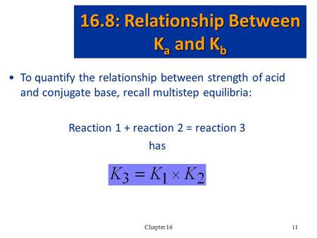 Chapter 1611 To quantify the relationship between strength of acid and conjugate base, recall multistep equilibria: Reaction 1 + reaction 2 = reaction.