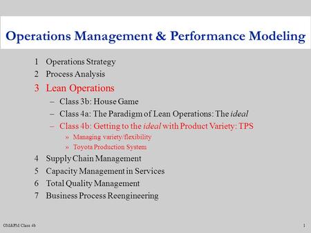 OM&PM/Class 4b1 1Operations Strategy 2Process Analysis 3Lean Operations –Class 3b: House Game –Class 4a: The Paradigm of Lean Operations: The ideal –Class.