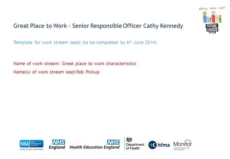 Great Place to Work – Senior Responsible Officer Cathy Kennedy Template for work stream leads (to be completed by 6 th June 2014) Name of work stream:
